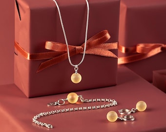Amber jewelry set in 925 sterling silver – necklace, dangle earrings and bracelet – LEMON AMBER