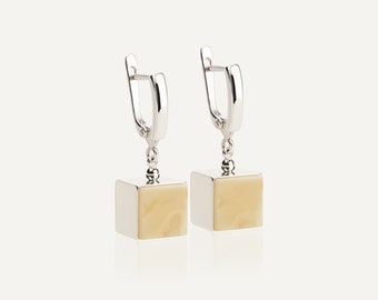 Cube earrings, Amber earrings, White amber earrings, Drop silver earrings, Long earrings, Earrings geometric, White amber, Baltic amber
