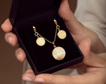 Gold Vermeil Baltic Amber Jewelry Set: Pendant Necklace & Earrings