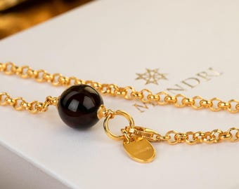 Golden Cherry Red Amber Bracelet – Deep Red Round Bead on 24k Gold Vermeil Chain | Elegant Minimalist Jewelry | Amber Gift for Her