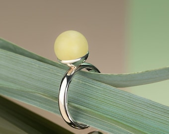 Lemon Yellow Baltic Amber Ring: Sterling Silver Statement Jewelry