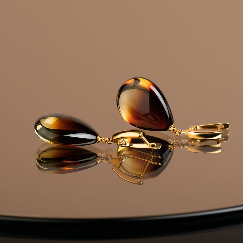 Cognac amber teardrop earrings in gold vermeil, Baltic amber ear Cognac amber teardrop earrings in gold vermeil, Baltic amber ear