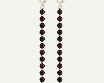 Long amber beaded earrings, Long silver earrings, Extra long earrings, Amber drop earrings silver, Red amber earrings, Black amber earrings