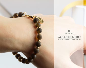 Raw Baltic Amber Bracelet with 6 mm black natural amber beads – GOLDEN NERO