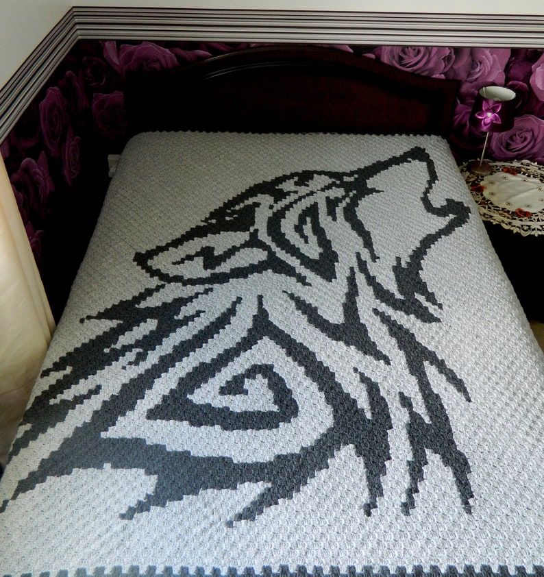 Crochet blanket with a wolf pattern  Gift  2 pillow covers image 0
