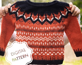 May include: A red, black, and white knitted sweater with a traditional Scandinavian pattern. The sweater has a crew neck and long sleeves. The text "DIGITAL PATTERN" is on a white circle in the lower left corner of the image.