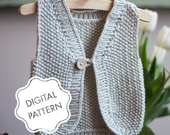 May include: A grey knitted waistcoat with a button fastening and a V-neck. The waistcoat is hanging on a wooden hanger with a small wooden animal figurine on top. The text "DIGITAL PATTERN" is written on a white cloud shape.
