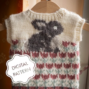 May include: A knitted baby vest with a white background and a brown bunny rabbit design on the back. The vest has a pink, green, and white pattern on the bottom.