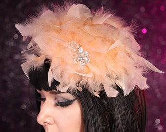 Quirky Cute Boutique Feather Fascinator, Feather Headpiece, Peach Feather hat, statement hat, wedding hat, Derby day, mother of bride,