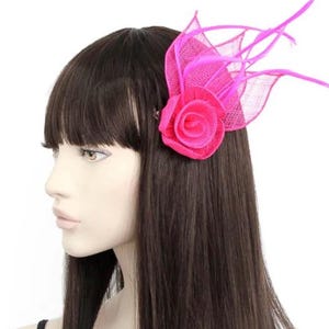 Single Cerise Pink Rose and feather clip