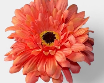Single Coral Gerbera Clip, Pink Daisy, Pink flower Corsage, Pink flower Hair Clip,  Hair flower-coral, wedding guest, mother of the groom,