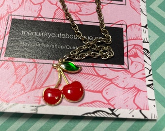 Quirky Cute: Tiny cherry necklace, dainty cherry necklace, fruit necklace, fruit charm necklace, pinup girl, rockabilly cherry necklace