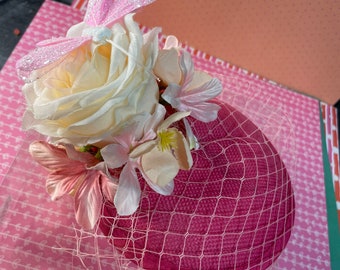 Gemma: Pretty pink sinamay fascinator, pink rose wedding guest hat, rose pink hat, derby day, mother of bride, mother of groom, cocktail hat