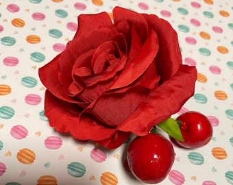 Red Rose and Cherry Hair Clip Rockabilly pin up style Fruit and flower hair clip, red hair accessories
