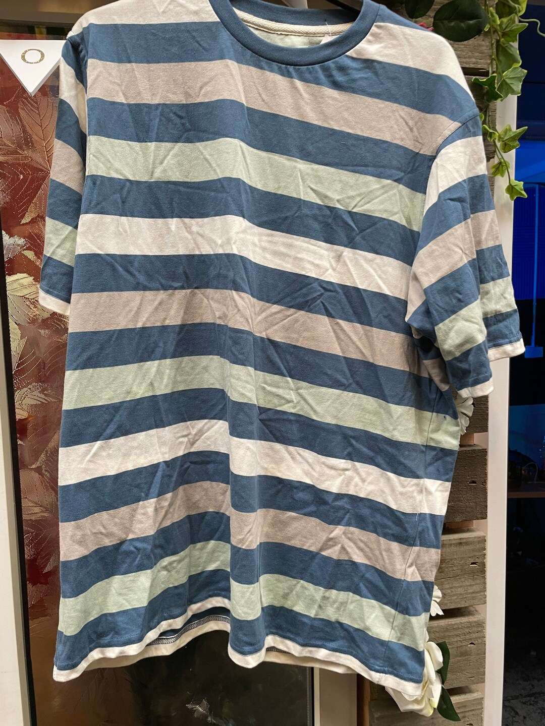 Men's Stripe Crew Neck Tshirt, Blue and Green Stripe Tshirt, Summer
