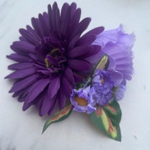 Purple gerbera and lilac rose hair clip, summer vibes, garden party look, wedding guest style, festival hair accessory, mixed flower clip,