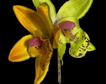 Double Yellow and Orange Mixed Orchid Clip, Tropical Hair Clips, Hawaiian Wedding, Pinn Up Accessory