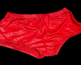 Quirky Cute: Retro Red Zip Trunks, Red Swimming Trunks, Vintage Swimming Trunks, bañadores de la década de 1980, ropa de playa, calzoncillos de natación de vacaciones