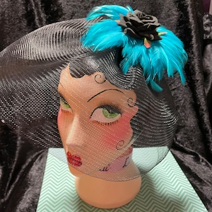 Aqua and black fascinator, feather fascinator headpiece, aqua and black fascinator hat, feather fascinator weddings, aqua and black feathers
