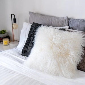 16"x16" Mongolian Lamb Fur Pillow | white mangolian lamb fur pillow |  Mongolian Fur Chair or Stool Cover | curly pillow Snow White