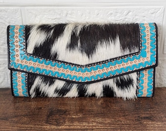 Genuine leather wallet-Handcrafted Leather Cowhide Wallet  Tooled Turquoise
