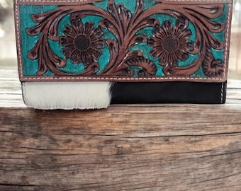 Genuine leather wallet-Handcrafted Leather Cowhide Wallet  Tooled Turquoise
