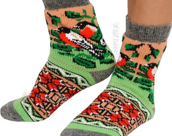 100% Pure wool socks for Women ,Women's socks "2  birds" light green , winter socks for women's