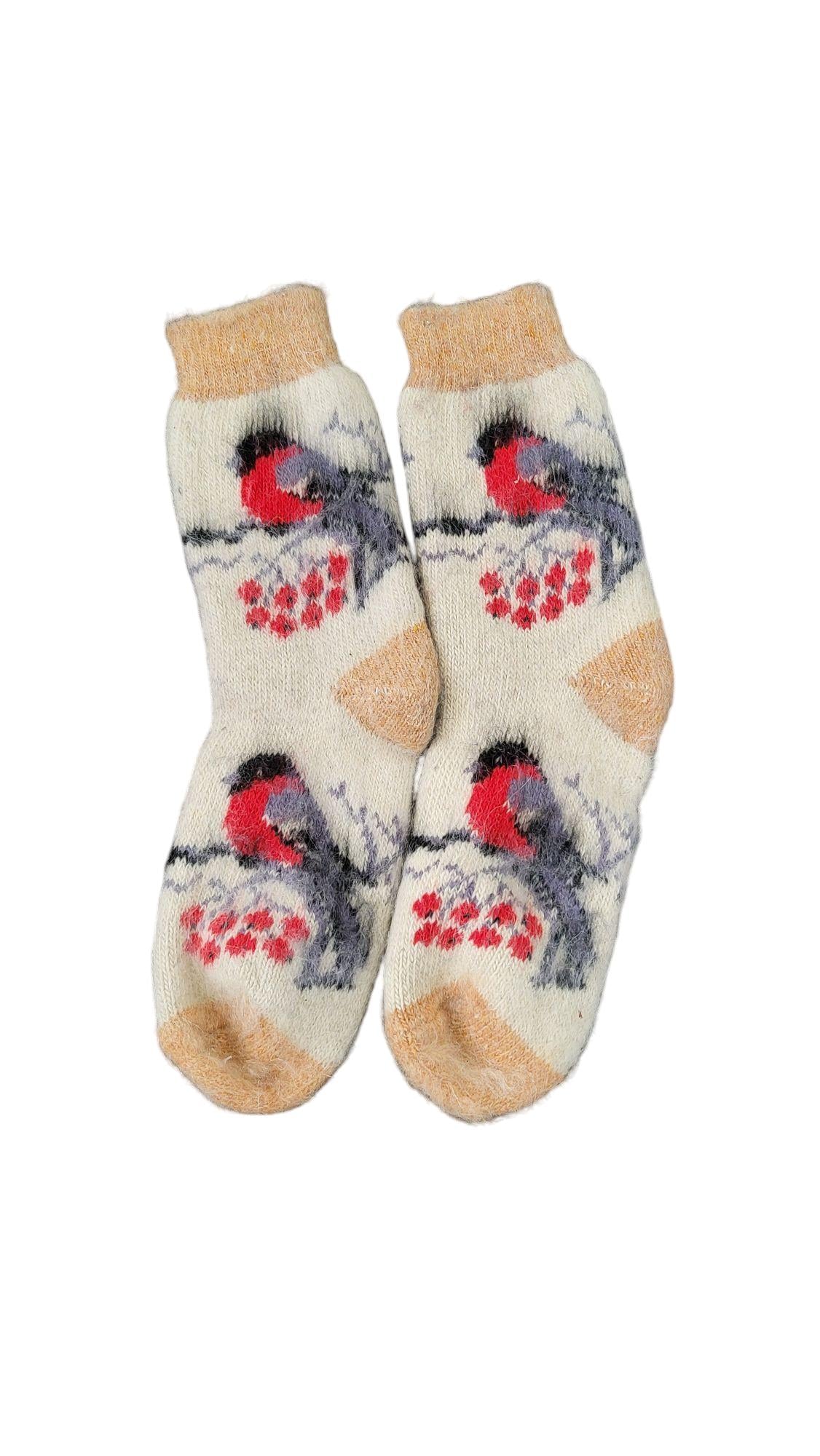 Angora Wool Socks with Winter Bird Design