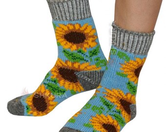 100% Pure wool socks Women , Women's socks "sunflowers", blue, winter socks for women's