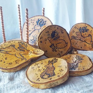 Birch Jackalope Coasters--set of 6 live edge natural wood drink coasters, pyrography