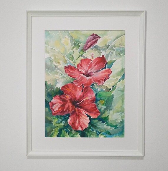 Hibiscus Flower Wall Art Unique Gift For Her Hibiscus Floral Watercolor Watercolor Art Print Of Original Painting Flower Art Print Prints Art & Collectibles Sibawor.id