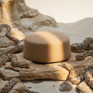 May include: A circular, tan-coloured ottoman in a desert setting, encircled by patterned snakes. The snakes are positioned on rocks and sand, forming a distinctive arrangement. The lighting accentuates the textures within the scene.