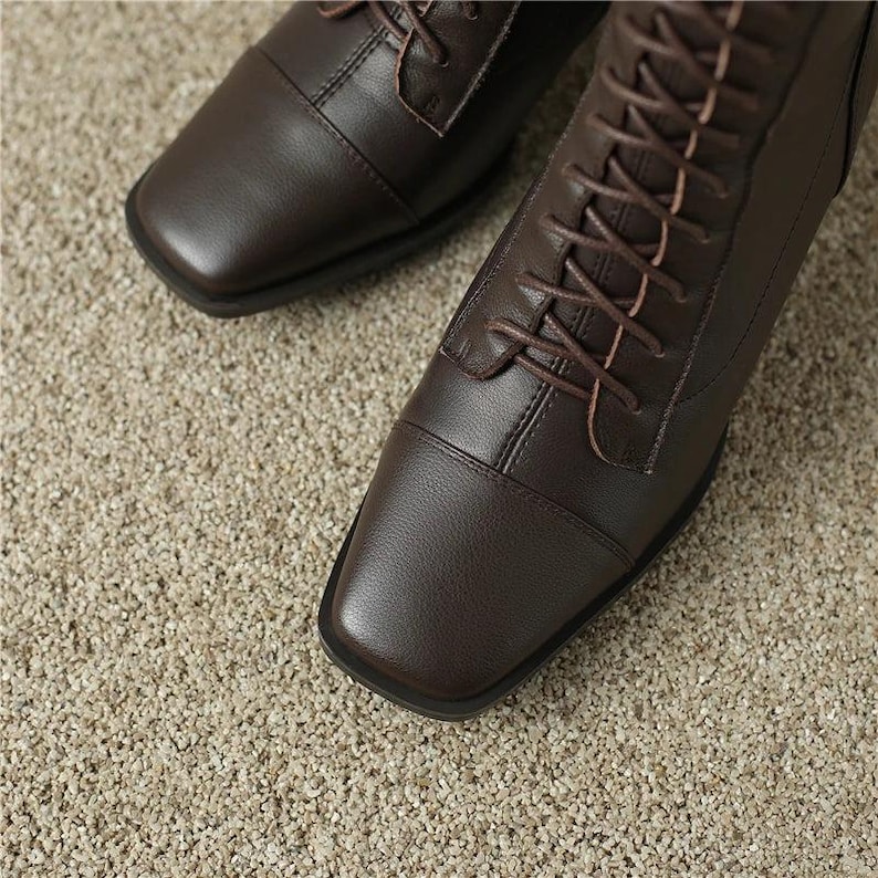 Square Toe Block Heel Knee High Leather Laceup Boots - Coffee Brown ...