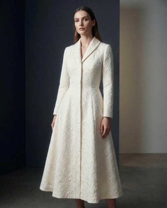 ivory coat dress Structured With Bias-cut Shawl Collar medieval wedding gown