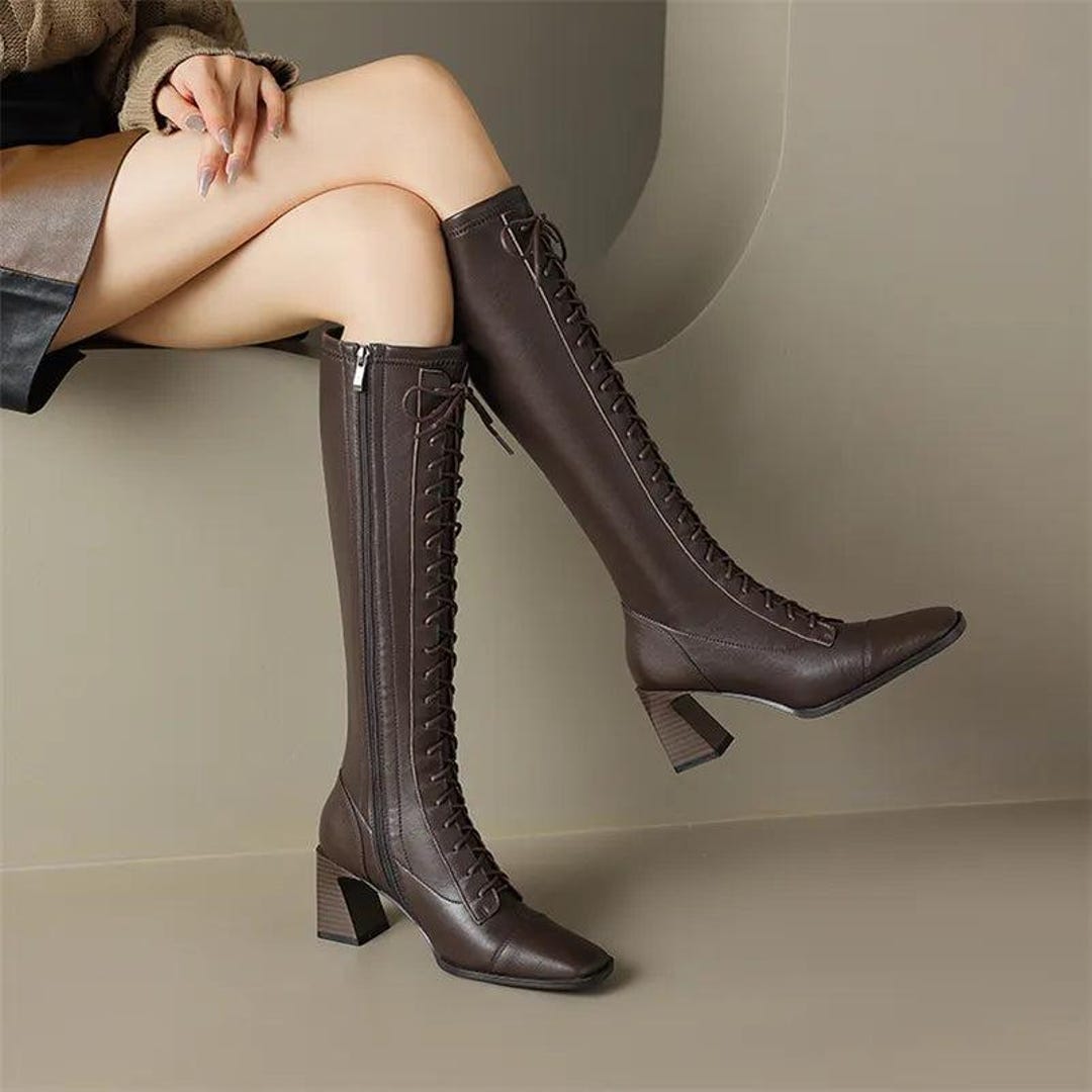Square Toe Block Heel Knee High Leather Laceup Boots - Coffee Brown - Etsy