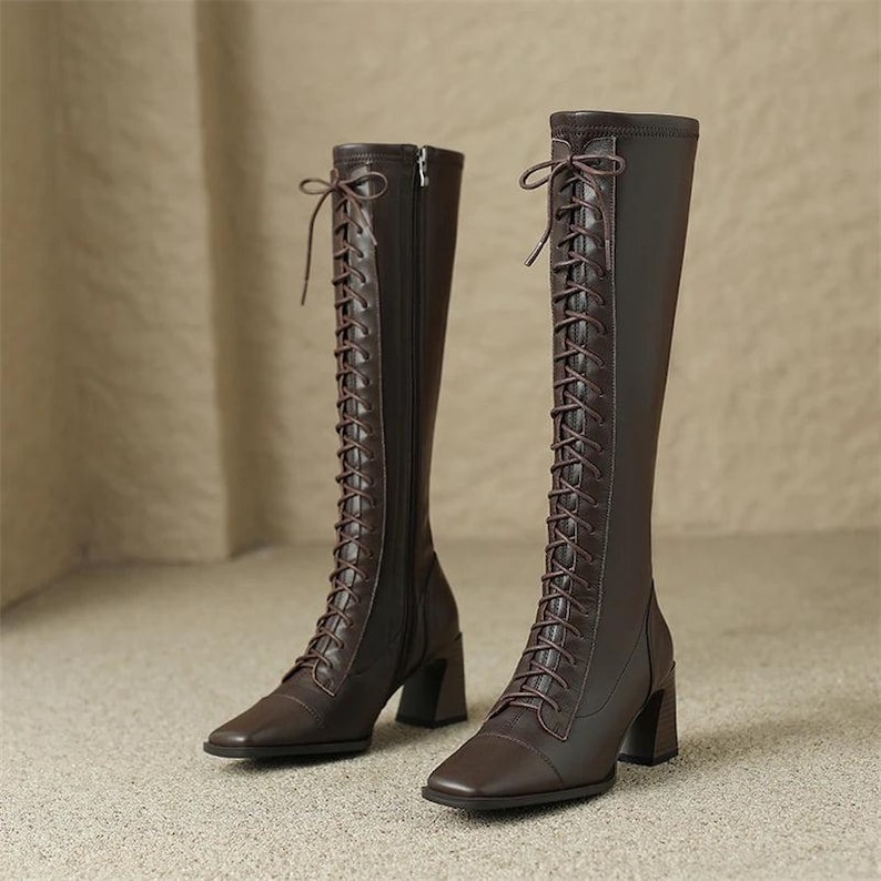 Square Toe Block Heel Knee High Leather Laceup Boots - Coffee Brown ...