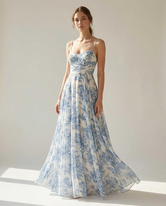 midaxi bridesmaid dress Toile De Jouy Spaghetti-strap in Ivory and Blue Chiffon drop waist dress 80s