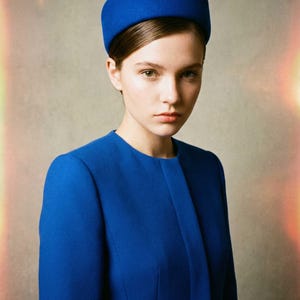 May include: A woman in a cobalt blue hat and coat. The hat is a pillbox style, and the coat has a simple, elegant design. The background is a neutral colour, and the lighting is soft, highlighting the woman's features and the vibrant colour of the clothing.