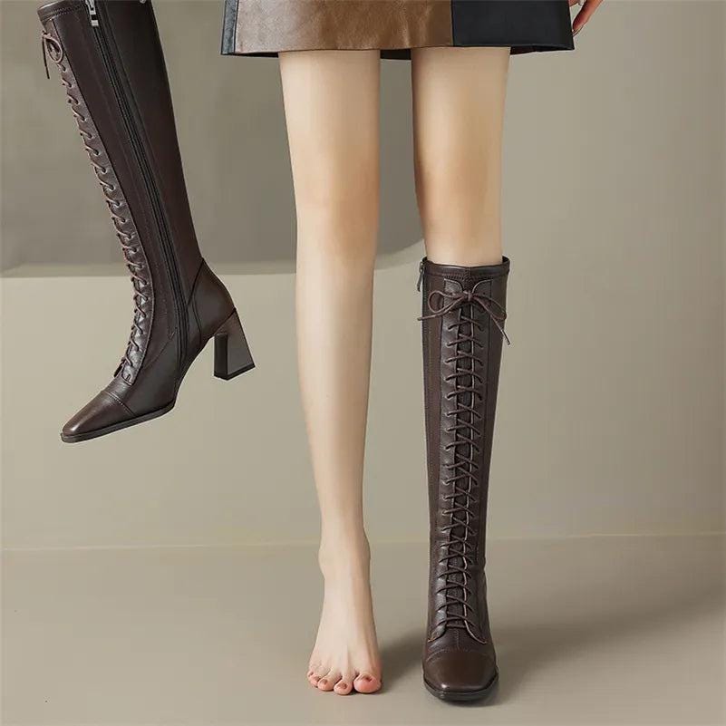 Square Toe Block Heel Knee High Leather Laceup Boots - Coffee Brown ...