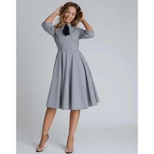 Black & White Gingham Flowy Swing Skater Midi Dress with Neck Bow
