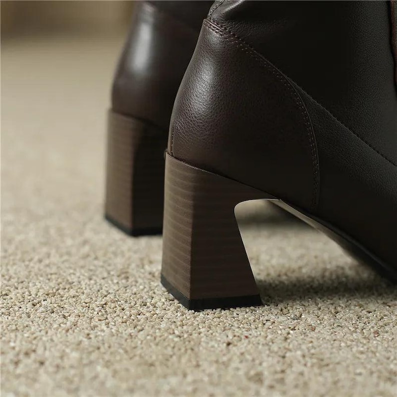 Square Toe Block Heel Knee High Leather Laceup Boots - Coffee Brown - Etsy