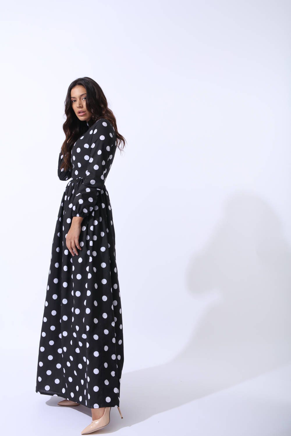 white and black polka dot maxi dress