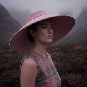 May include: A wide-brimmed, light pink felt hat with a flat crown and a sleeveless, round-neck dress featuring a pink and grey plaid pattern. The hat has a structured, circular brim that extends outward, and the dress is made of a textured fabric.