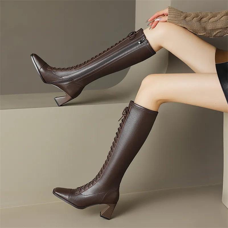 Square Toe Block Heel Knee High Leather Laceup Boots - Coffee Brown ...