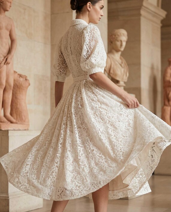 shawl collar dress formal Ivory Lace Shawl-Collar Midi with Belted Waist elegant evening shawls wraps