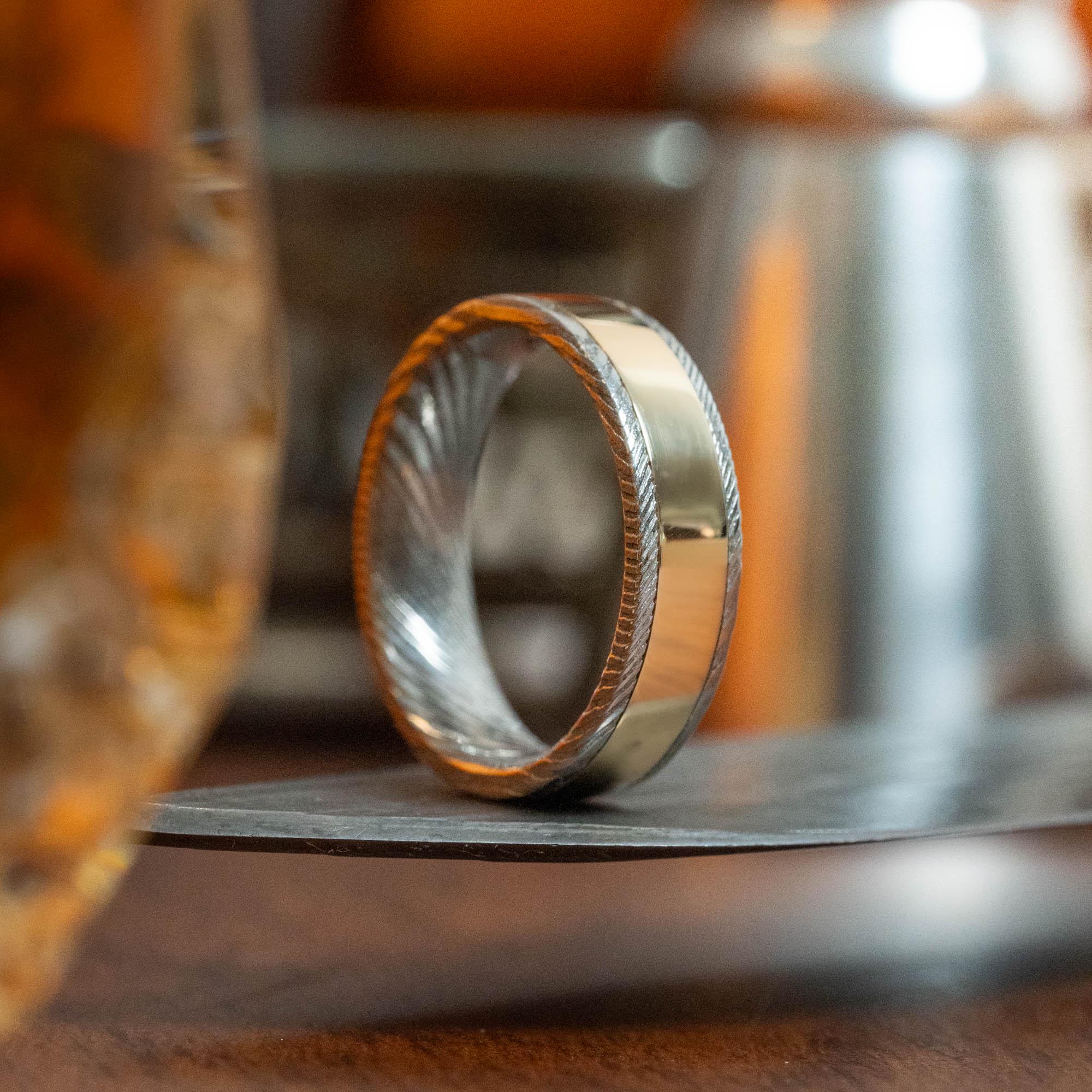 Stainless Damascus Wide Gold Inlay Ring - Etsy