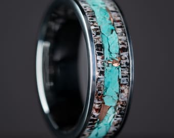 Colorado Elk Antler - Copper and Turquoise - Tungsten Band