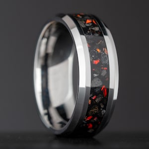 Iceland Black Sand Beach and Fire Opal - Tungsten Ring