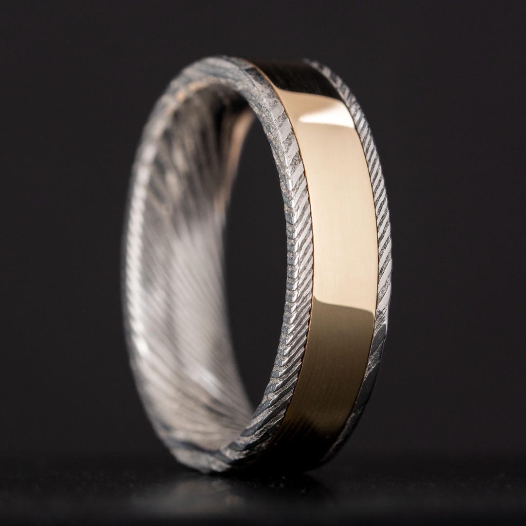 Stainless Damascus Wide Gold Inlay Ring - Etsy