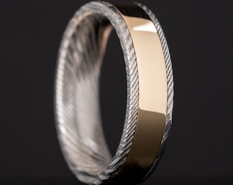 Stainless Damascus Wide Gold Inlay Ring